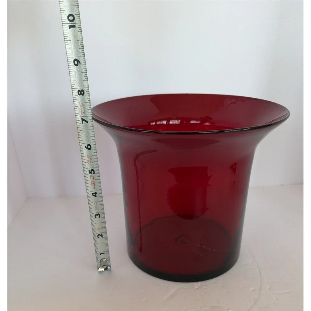 Vintage Hand Blown Ruby Red Art Glass‎ Vase Candle Holder Urn Blenko Style